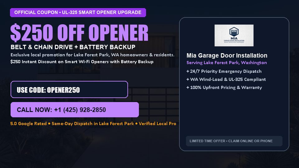 Mia Garage Door Installation $250 OFF Premium LiftMaster Opener Installation in Lake Forest Park, WA